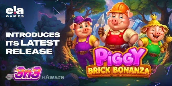 Cenário festivo e colorido do slot Piggy Brick Bonanza com personagens porquinhos e tijolos de construção.